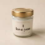 I Love You Duftkerze im hellen Glas mit goldenem Deckel