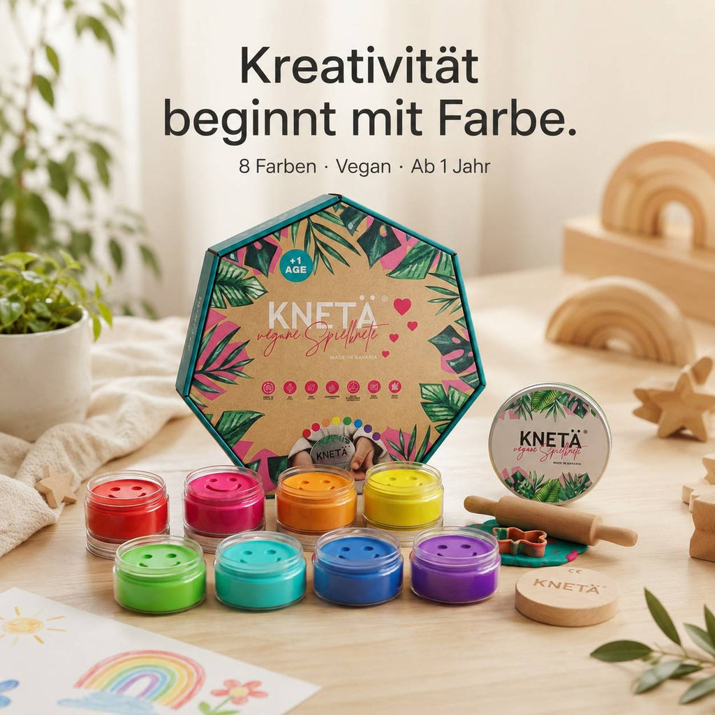 KNETÄ Knetmasse 8er Dosen Set mit 8 veganen Farben für Kinder ab 1 Jahr auf hellem minimalistischen Hintergrund