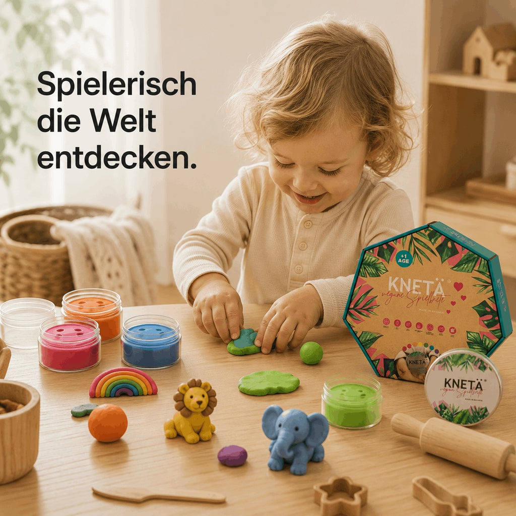 Kind spielt zuhause kreativ mit KNETÄ Knetmasse in einer warmen Montessori-inspirierten Umgebung