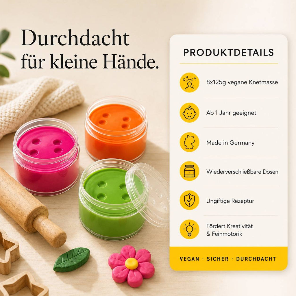 Produktdetails der KNETÄ Knetmasse mit veganer Rezeptur, 8 Farben und Made in Germany Qualität
