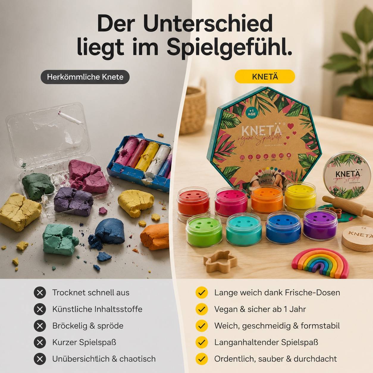 KNETÄ Knetmasse mit 8 Farben, veganer Rezeptur und wiederverschließbaren Dosen für Kinder ab 1 Jahr