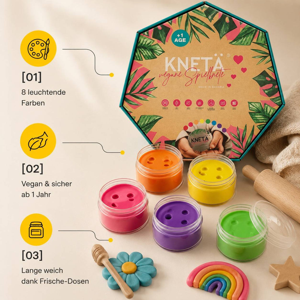 KNETÄ Knetmasse mit 8 Farben, veganer Rezeptur und wiederverschließbaren Dosen für Kinder ab 1 Jahr
