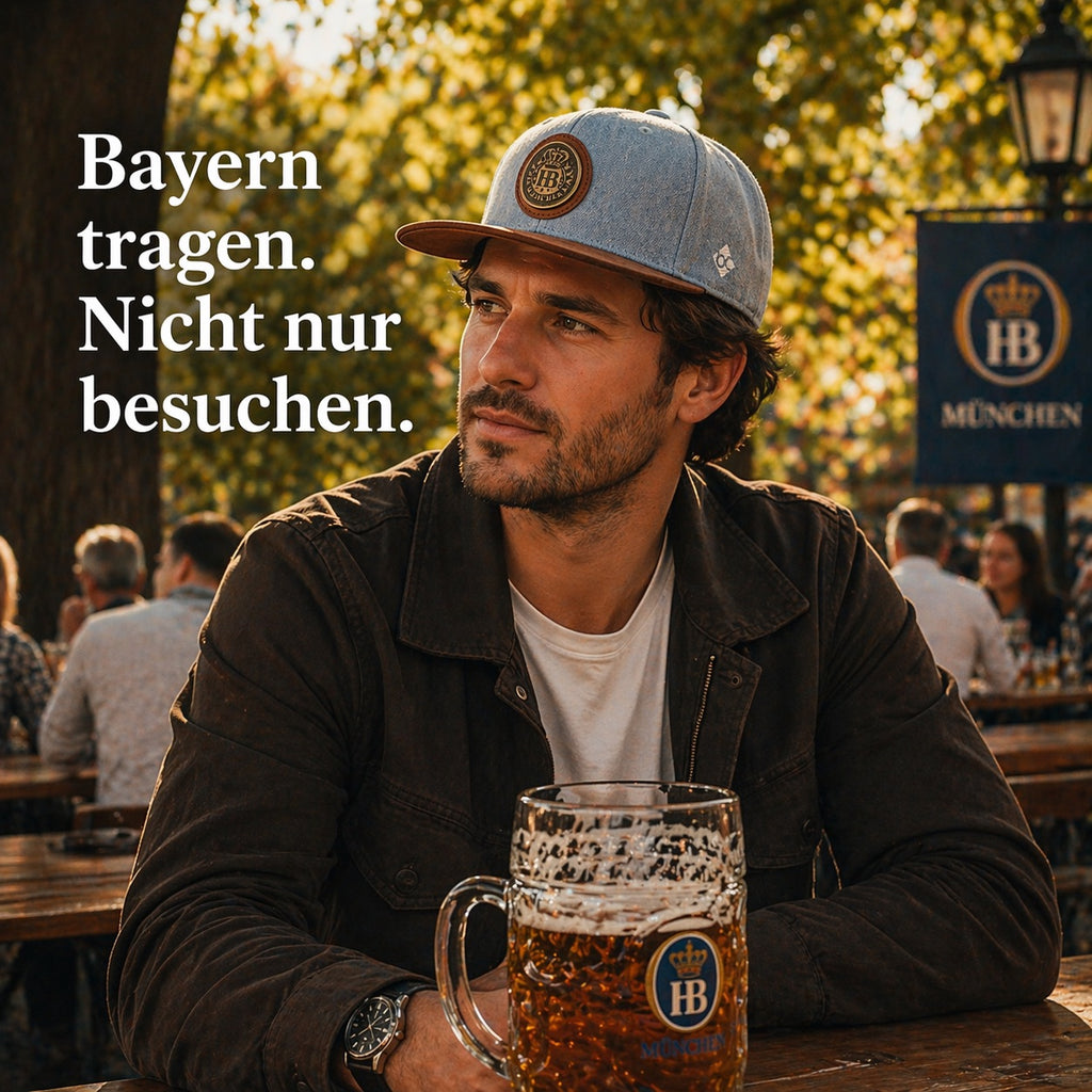  Mann trägt HB Hofbräuhaus Snapback Cap von Bavarian Caps im Münchner Biergarten – Bayern Lifestyle