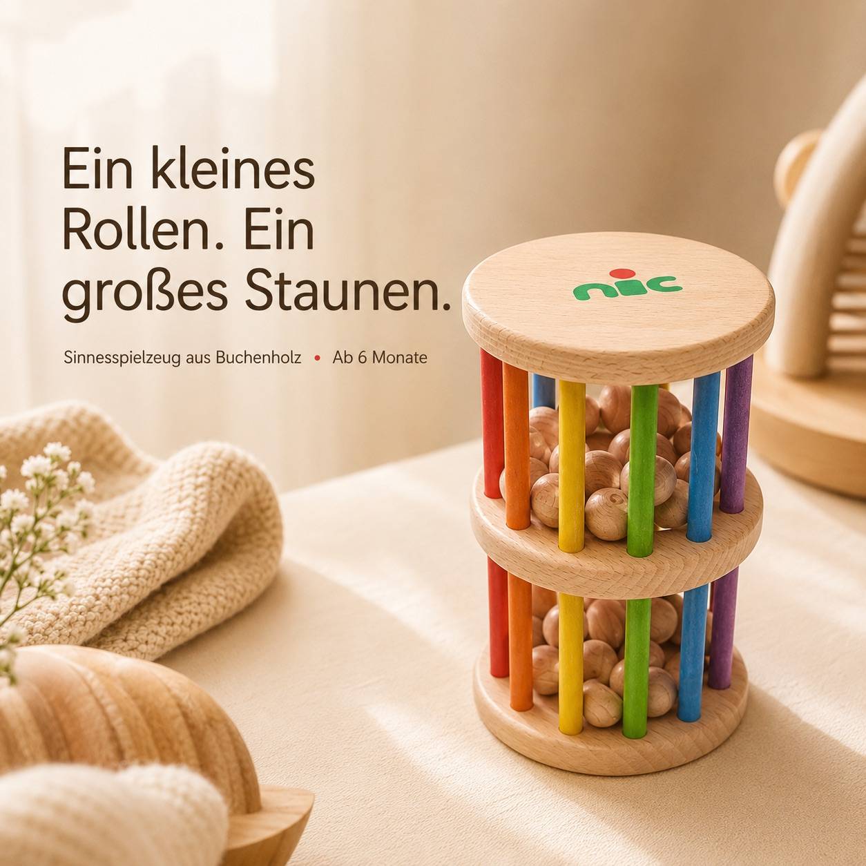 nic Große Rasselrolle aus massivem Buchenholz – handgefertigt in Deutschland, spiel gut ausgezeichnet, ab 6 Monate