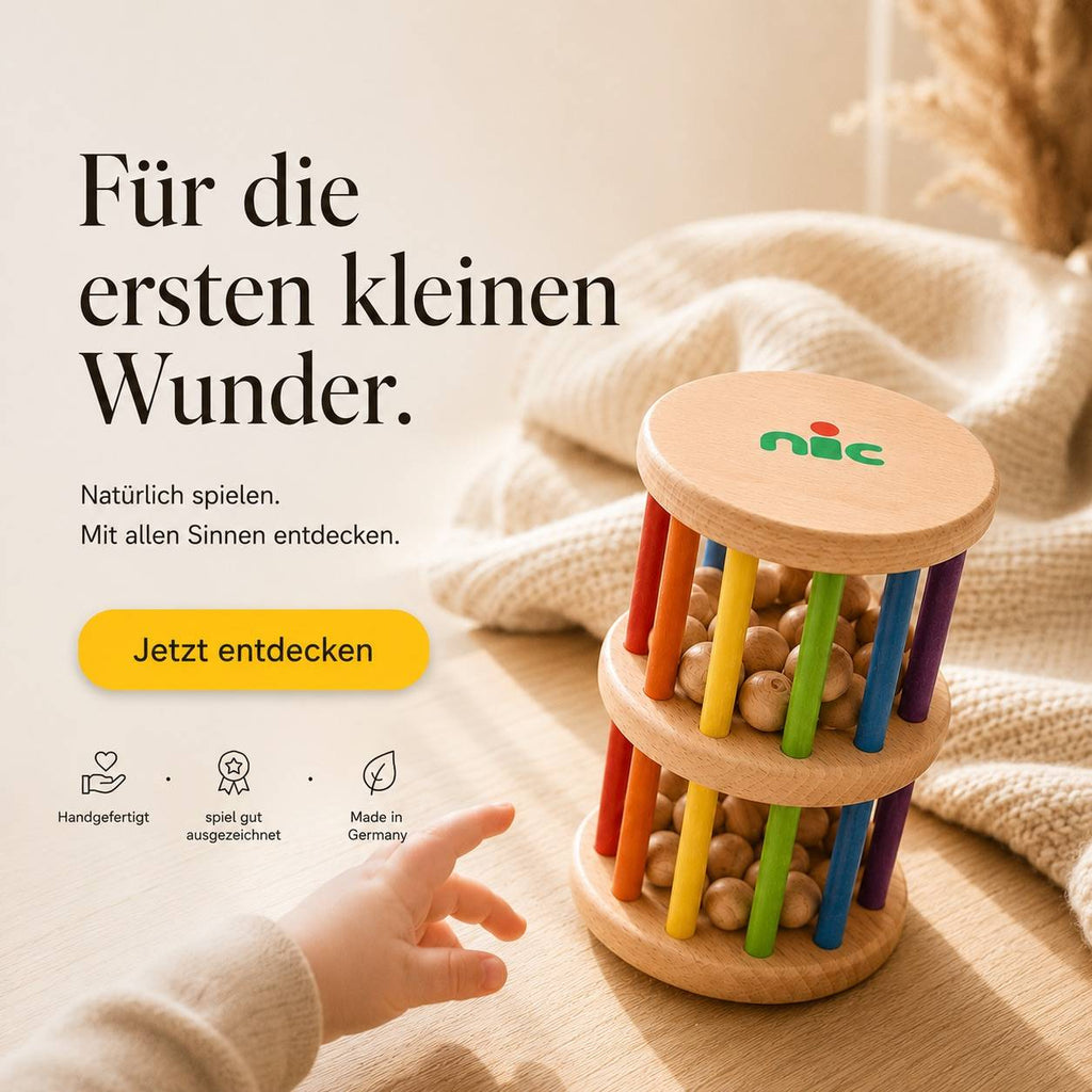 nic Große Rasselrolle aus Buchenholz als hochwertiges handgefertigtes Sinnesspielzeug für Babys ab 6 Monate