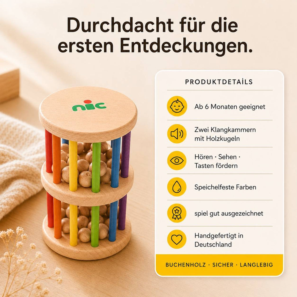 Produktdetails der nic Rasselrolle mit spiel gut Auszeichnung und handgefertigter Qualität Made in Germany