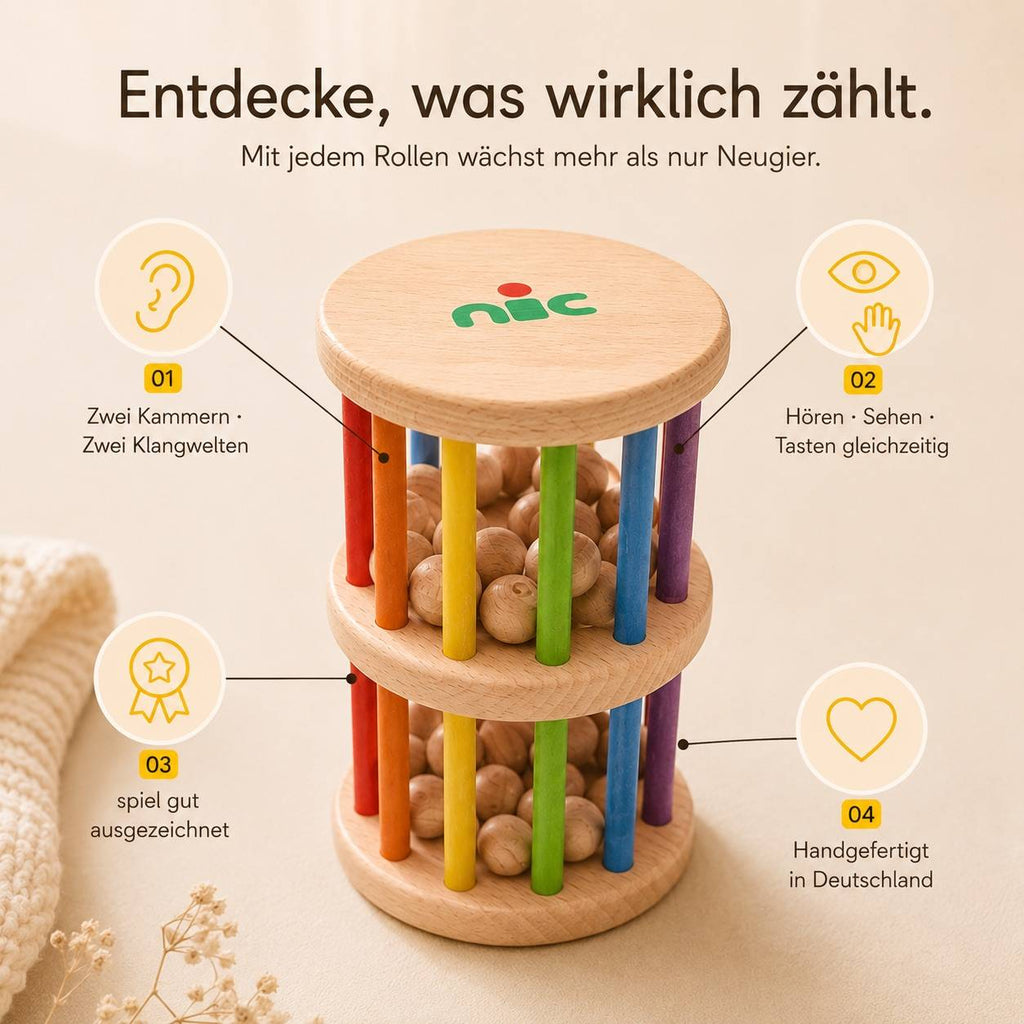 nic Rasselrolle aus Buchenholz fördert Hören, Sehen und Tasten bei Babys ab 6 Monaten