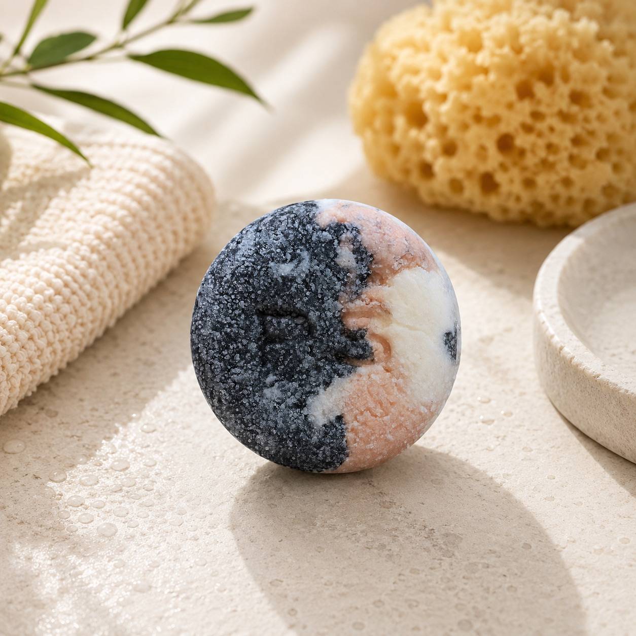 Festes 2in1 Shampoo für Haar und Körper von Pure Soul auf natürlichem Untergrund in minimalistischem Badezimmer