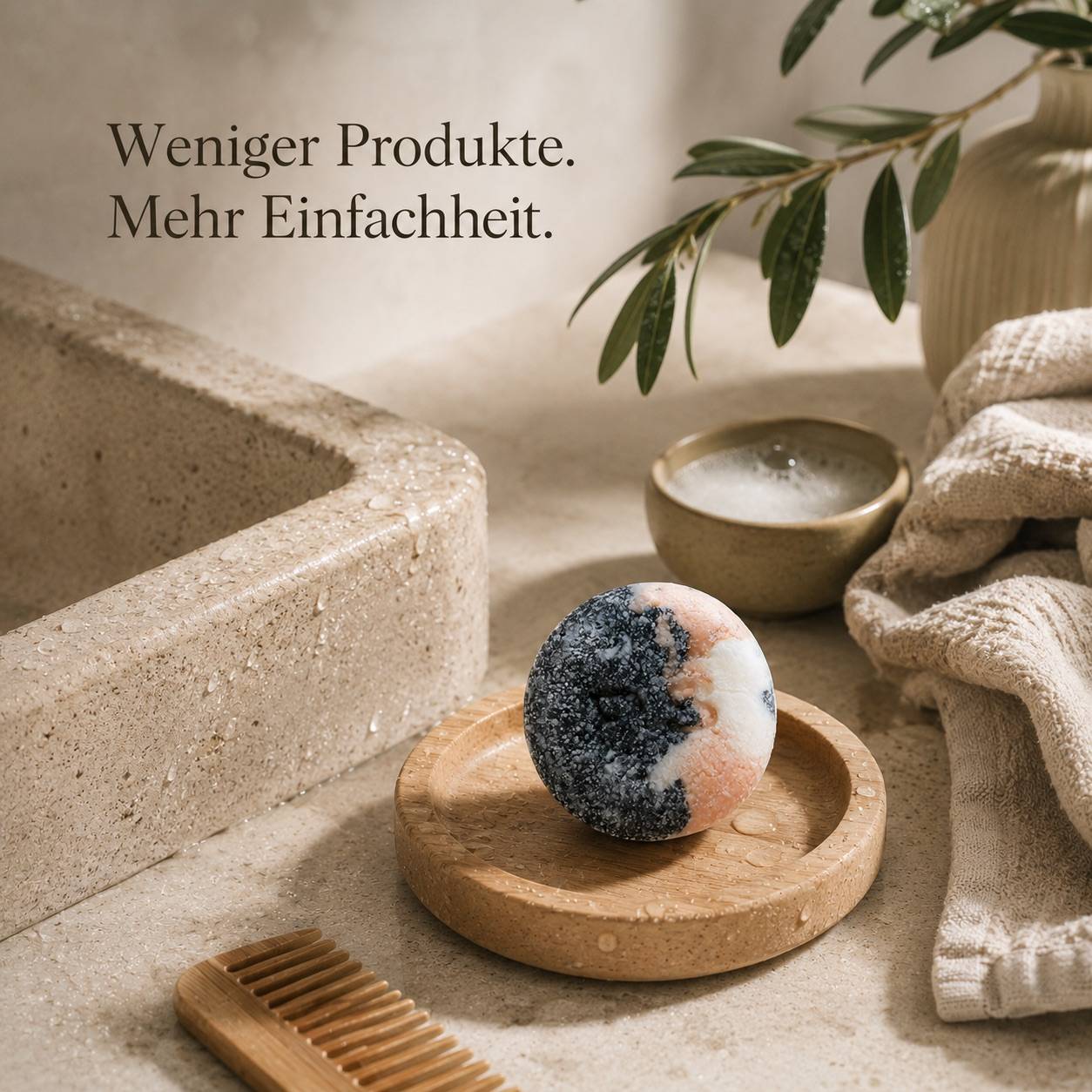Makroaufnahme des festen Shampoos von Pure Soul mit natürlicher Struktur und Bio-Inhaltsstoffen