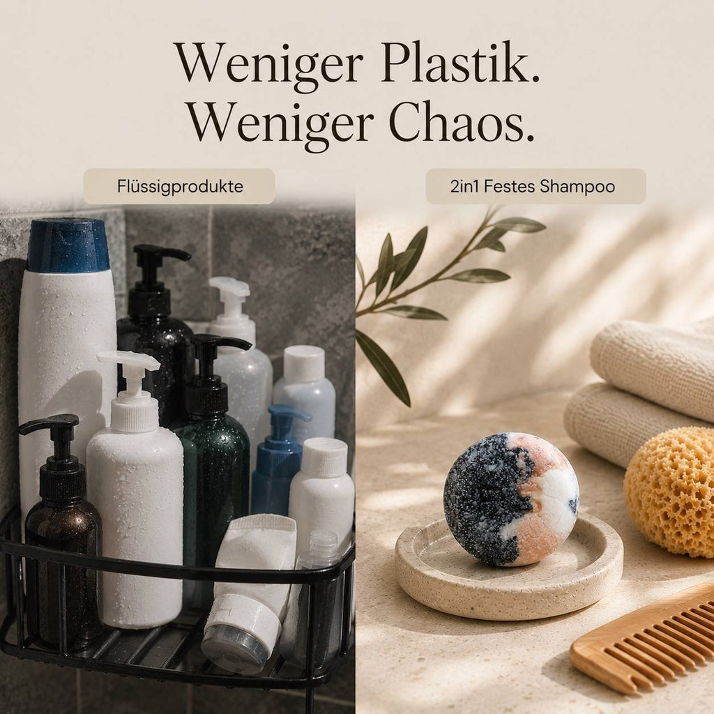 Vergleich zwischen plastikreichen Shampoo-Flaschen und minimalistischem festen Shampoo von Pure Soul