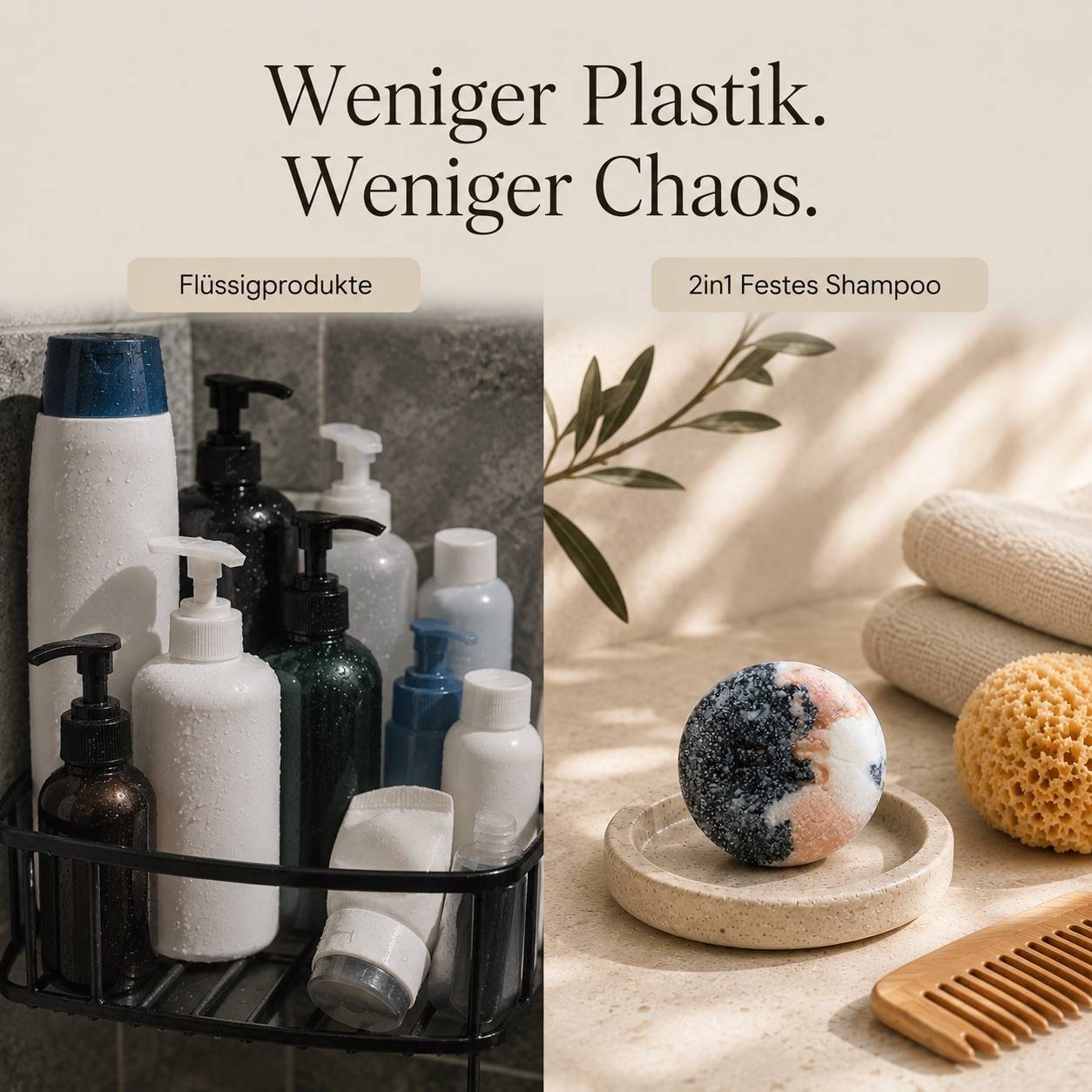 Vergleich zwischen plastikreichen Shampoo-Flaschen und minimalistischem festen Shampoo von Pure Soul