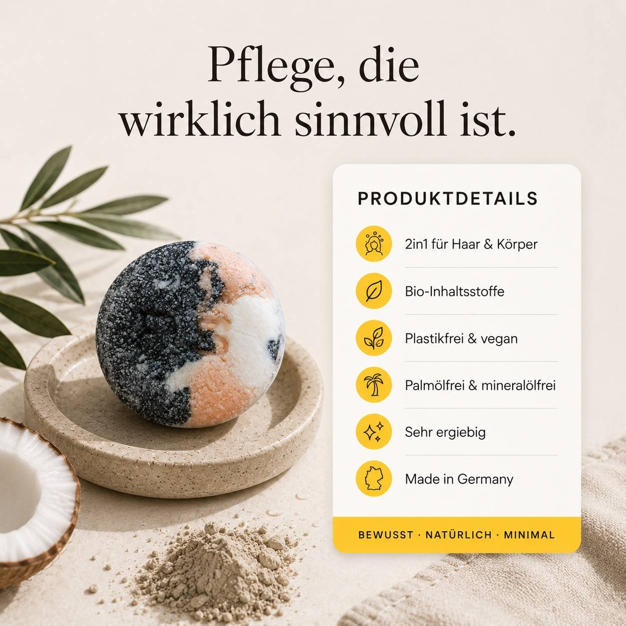 Produktdetails des festen Shampoos von Pure Soul mit Bio-Inhaltsstoffen und Made in Germany Qualität
