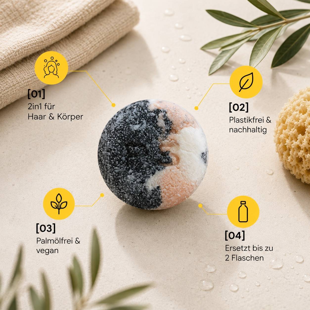 Festes Shampoo von Pure Soul mit Vorteilen wie plastikfrei, vegan und 2in1 Pflege für Haar und Körper
