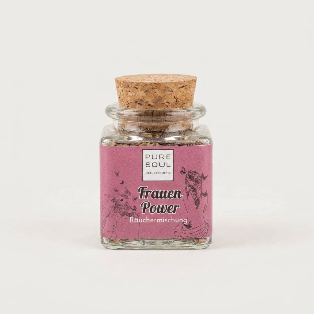 Pure Soul Frauen Power Räuchermischung im Glas – Harzmischung aus Zimtrinde, Olibanum, Myrrhe, Rosmarin, Benzoe Siam und Styrax, 100% Naturqualität