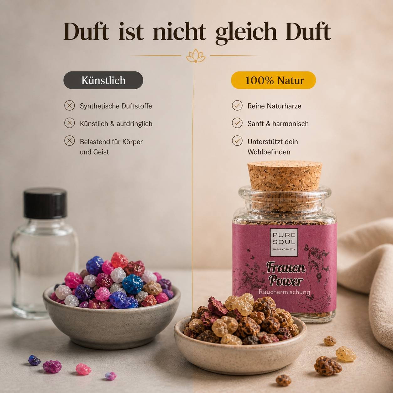 Vergleich zwischen natürlicher Räuchermischung und künstlichen Duftstoffen mit sichtbaren Harzen und synthetischem Produkt