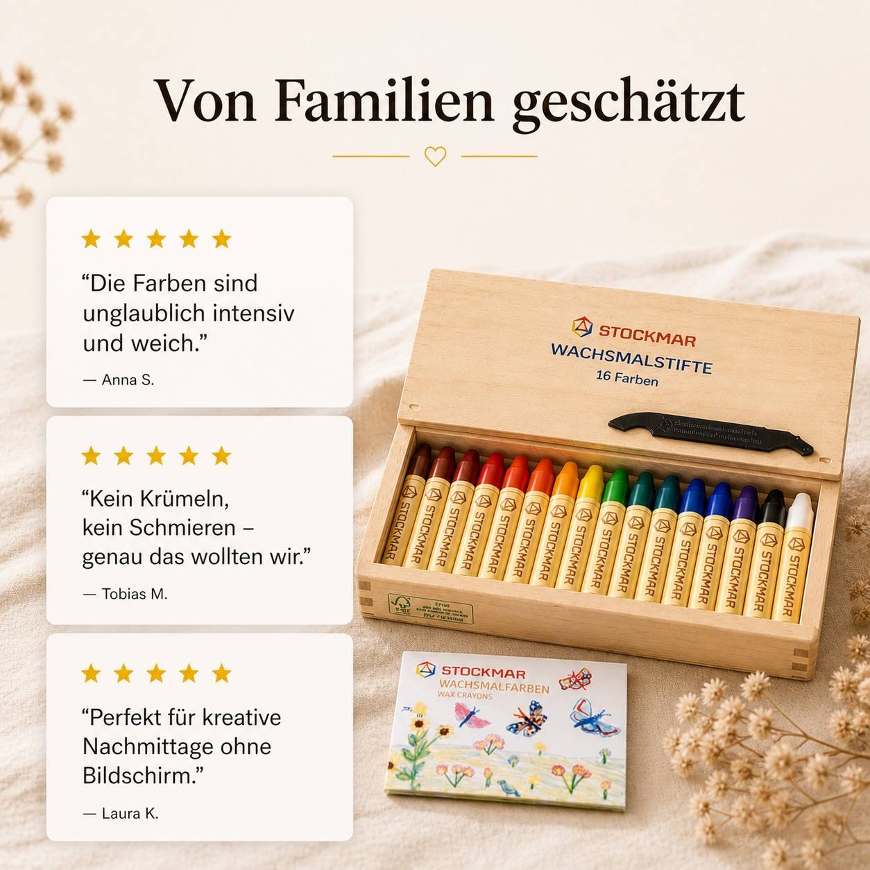 Stockmar Wachsmalstifte 16 Farben in Holzkassette – Bienenwachs für kreatives Malen
