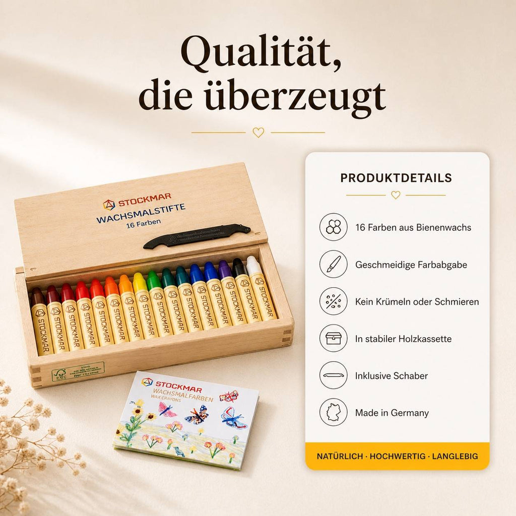 Stockmar Wachsmalstifte 16 Farben in Holzkassette – Bienenwachs für kreatives Malen