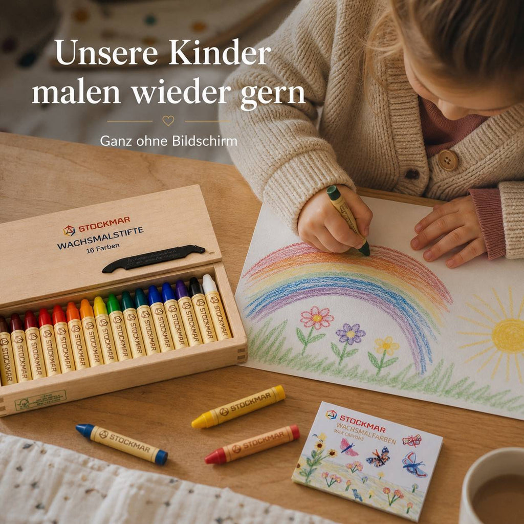 Stockmar Wachsmalstifte 16 Farben in Holzkassette – Bienenwachs für kreatives Malen