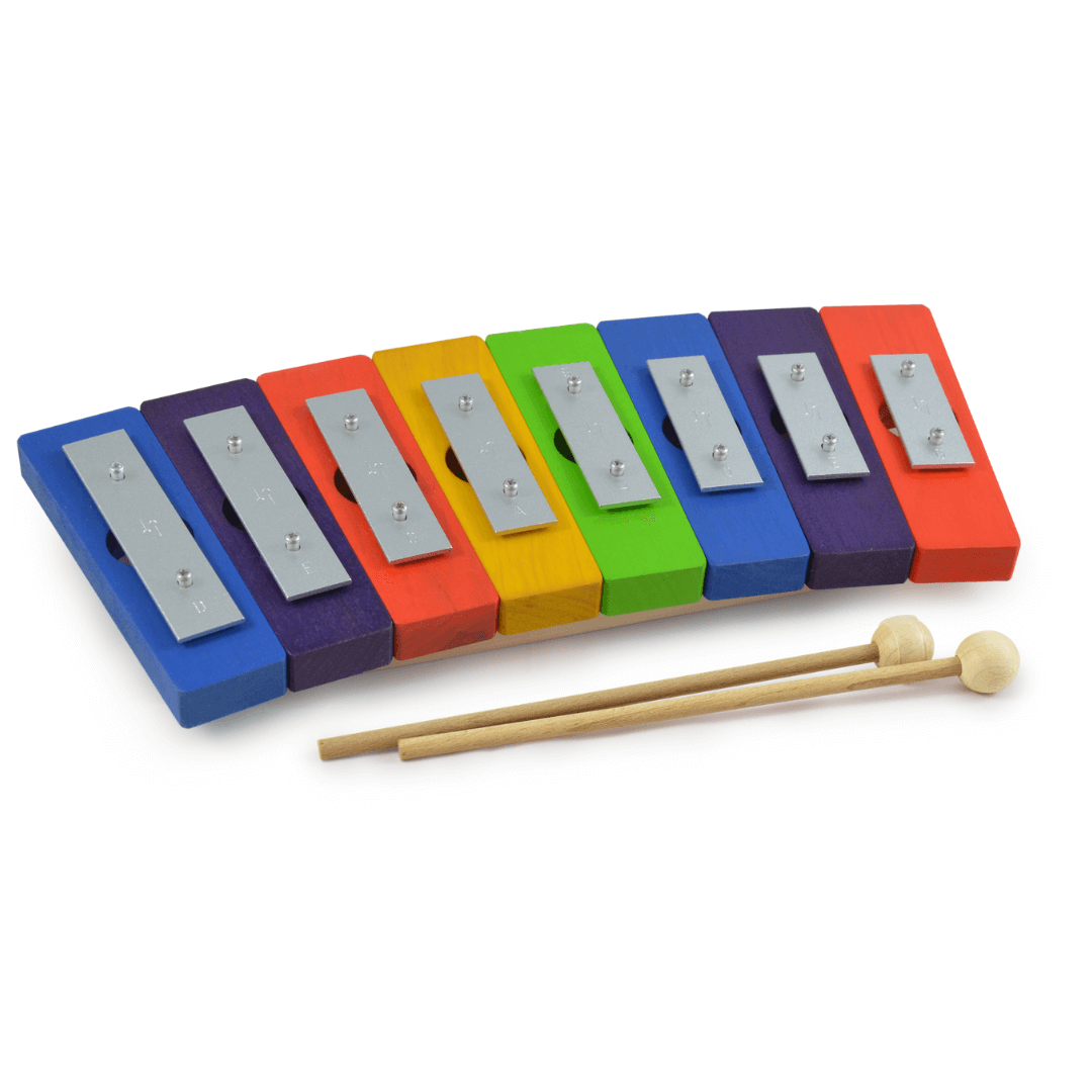 Das Regenbogen Glockenspiel des deutschen Holzspielzeug Herstellers DECOR Spielzeug bringt Farbe und Musik zusammen! Mit acht fest montierten Tonträgern in leuchtenden Regenbogenfarben lädt es Kinder zum Musizieren ein. Hauptbild