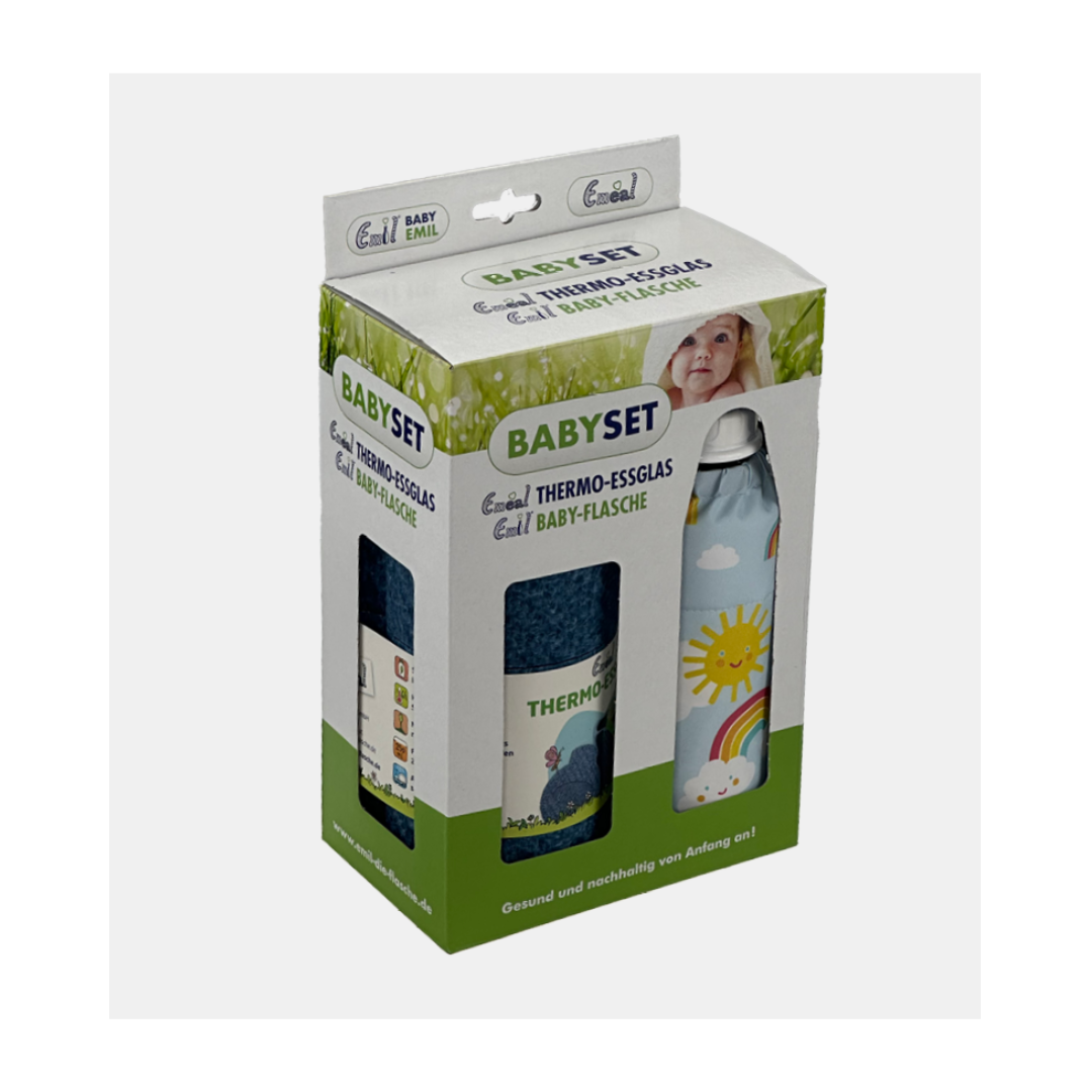 Das Emil Baby Set Motiv Rainbow vereint zwei essenzielle Produkte für die Babyausstattung: eine 250ml Babyflasche mit Latexsauger (0-6 Monate) und das Emeal© Thermo-Essglas mit integriertem Löffel. Hauptbild