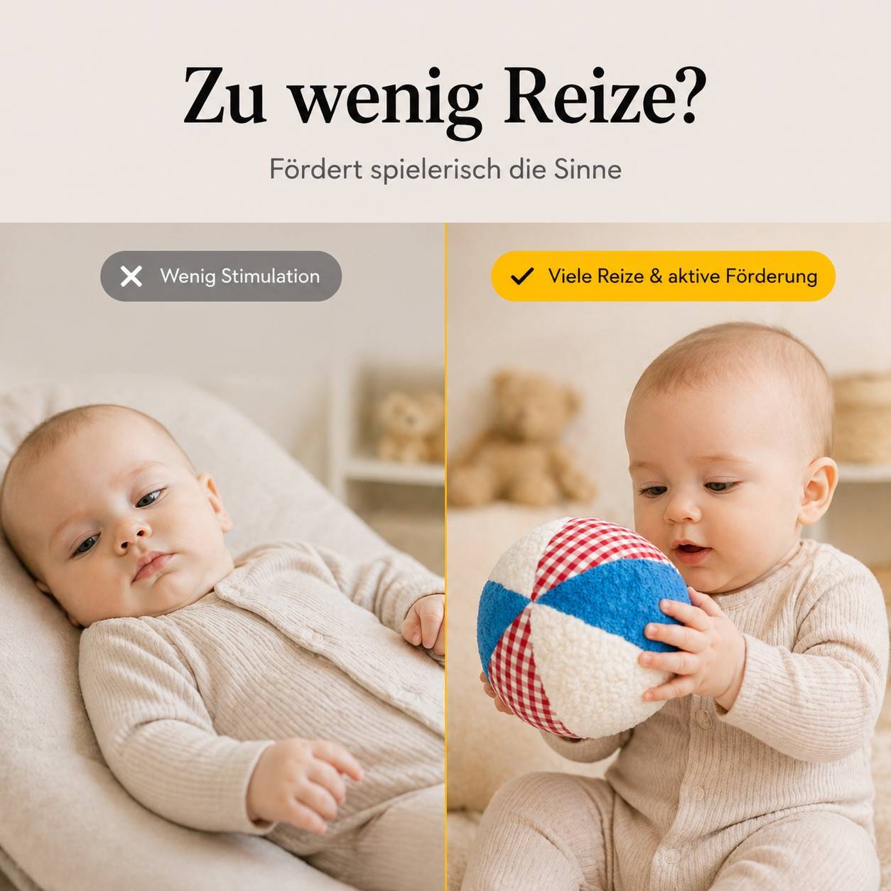 Zweiteiliges Vergleichsbild: links Baby ohne Spielzeug, rechts Baby mit buntem Rasselball zur Förderung von Sinne und Aktivität