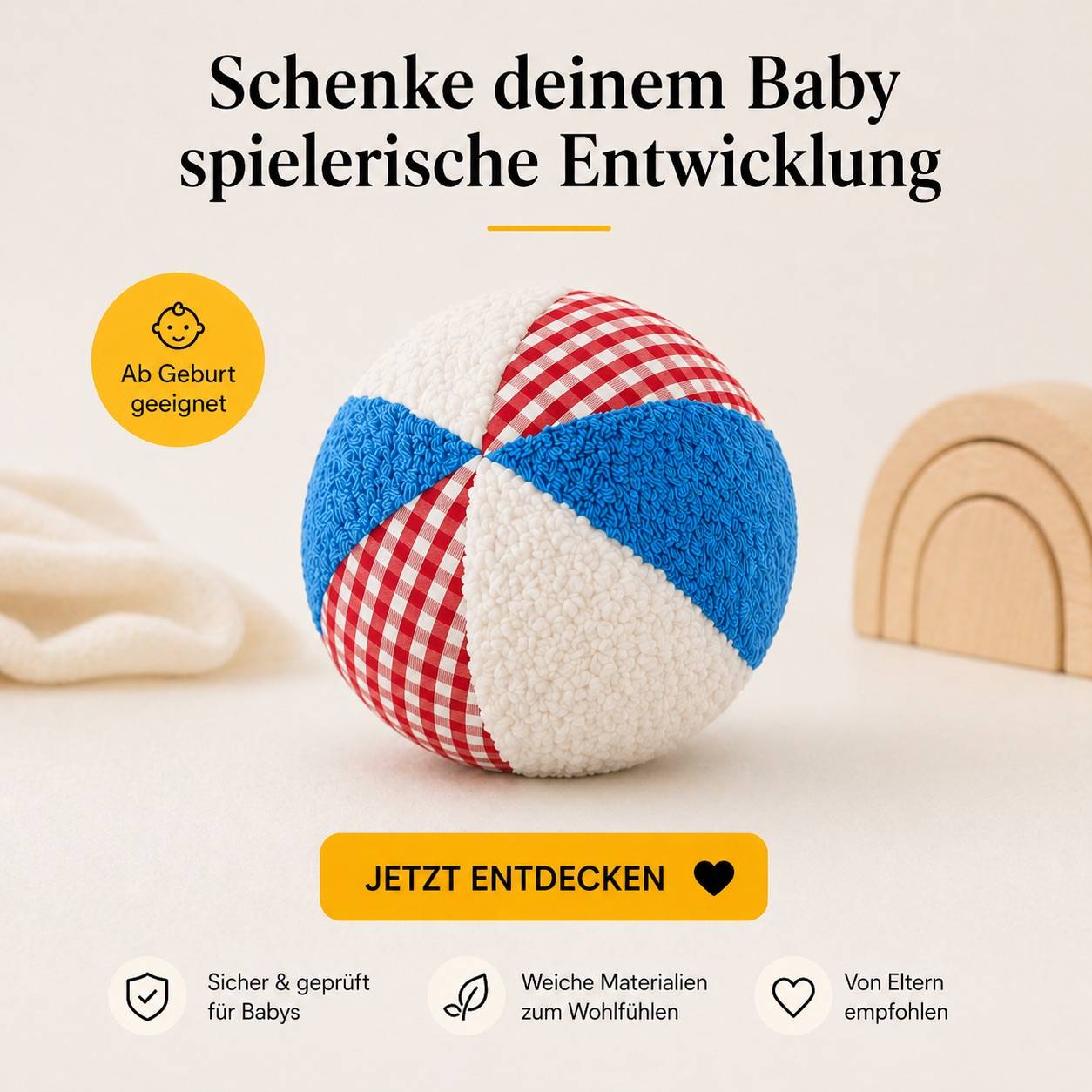 EFIE Rasselball Baby – Greifball & Sensorikball aus Baumwolle & Frottee, Made in Germany