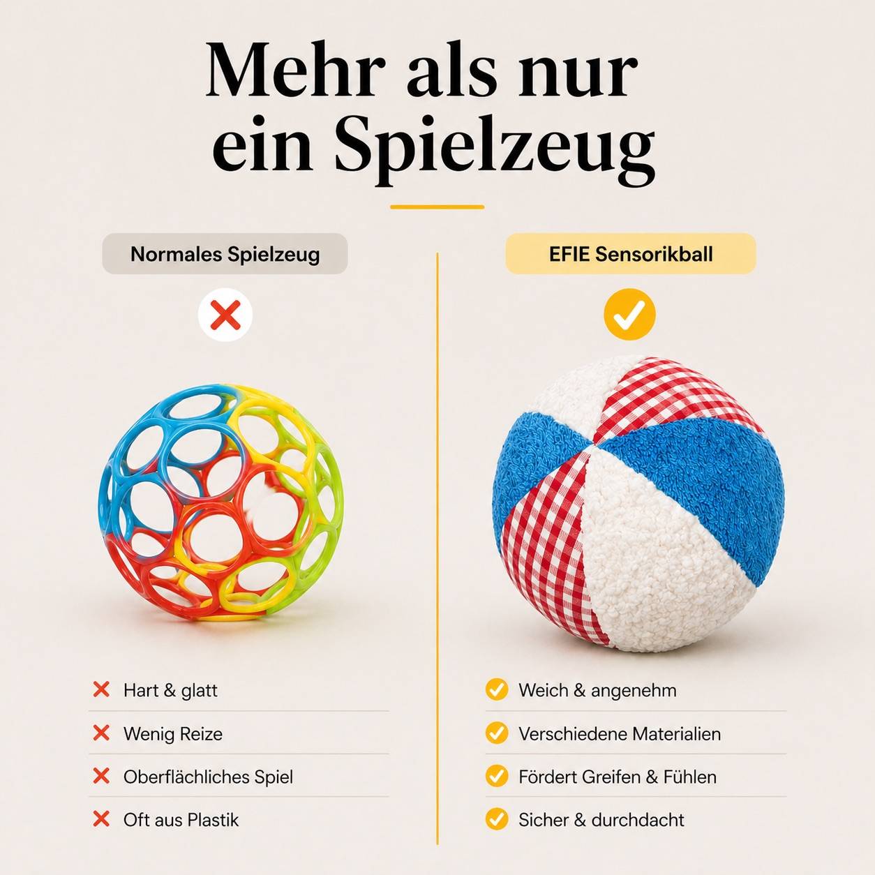 Vergleich zwischen einfachem Plastikspielzeug und weichem Efie Rasselball mit verschiedenen Stoffen zur Förderung der Baby-Sensorik