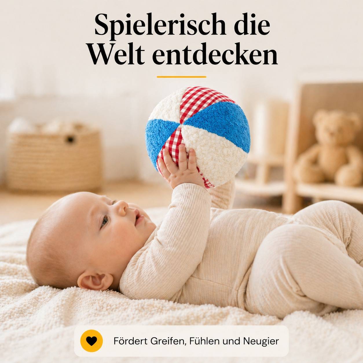 Baby liegt auf Decke und greift nach buntem Rasselball, fördert spielerisch Motorik, Greifen und sensorische Entwicklung